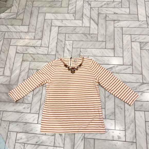 J.Crew 3/4 sleeve embellished neckline cream and peach striped tee - Picture 1 of 7